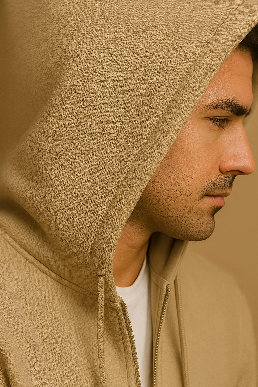 Man wearing a beige hoodie with a neutral background