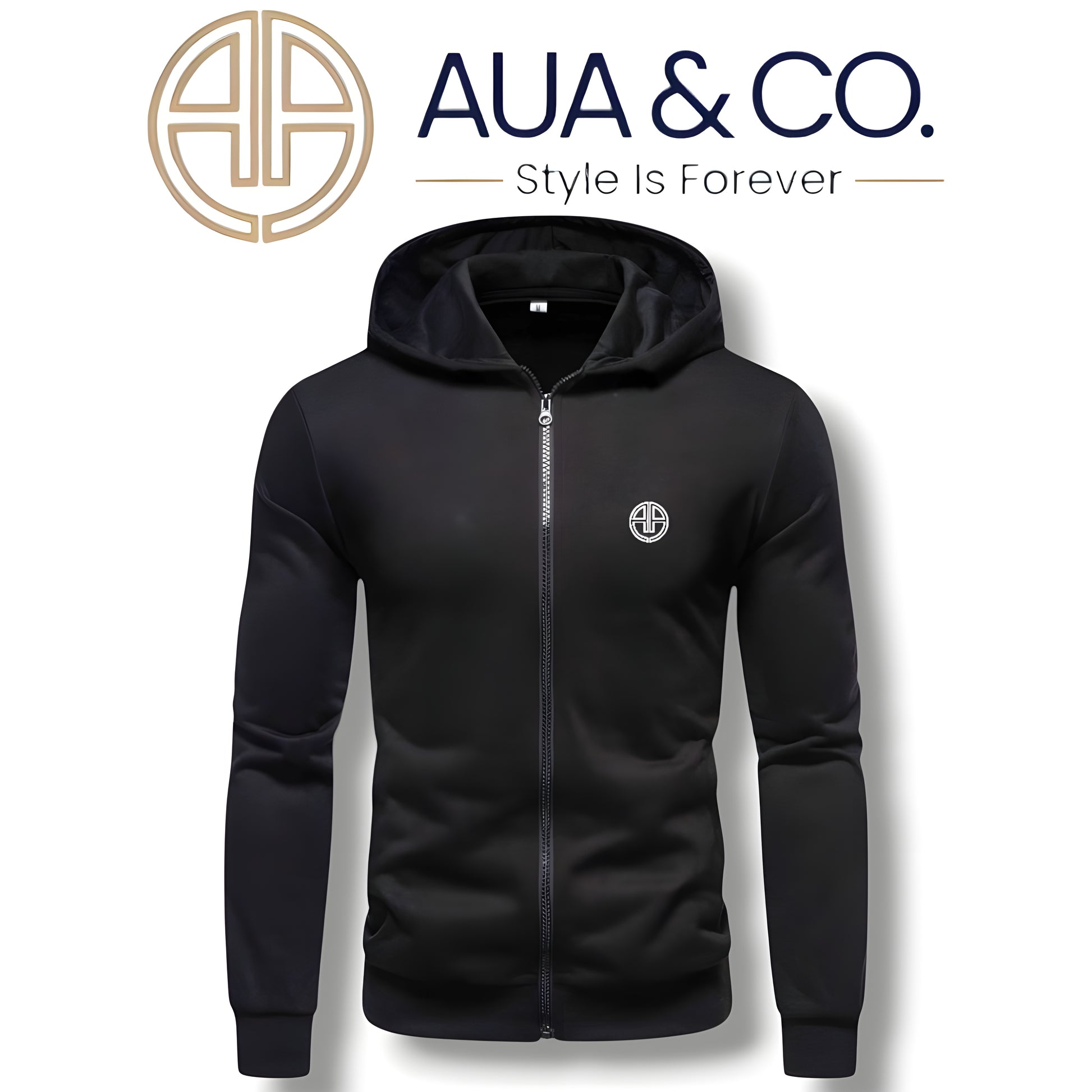 "Black hoodie for men by AUA&CO, crafted from premium fleece with a front zipper, long sleeves, snug hood, and embroidered AUA logo on the chest."