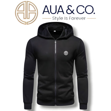 "Black hoodie for men by AUA&CO, crafted from premium fleece with a front zipper, long sleeves, snug hood, and embroidered AUA logo on the chest."
