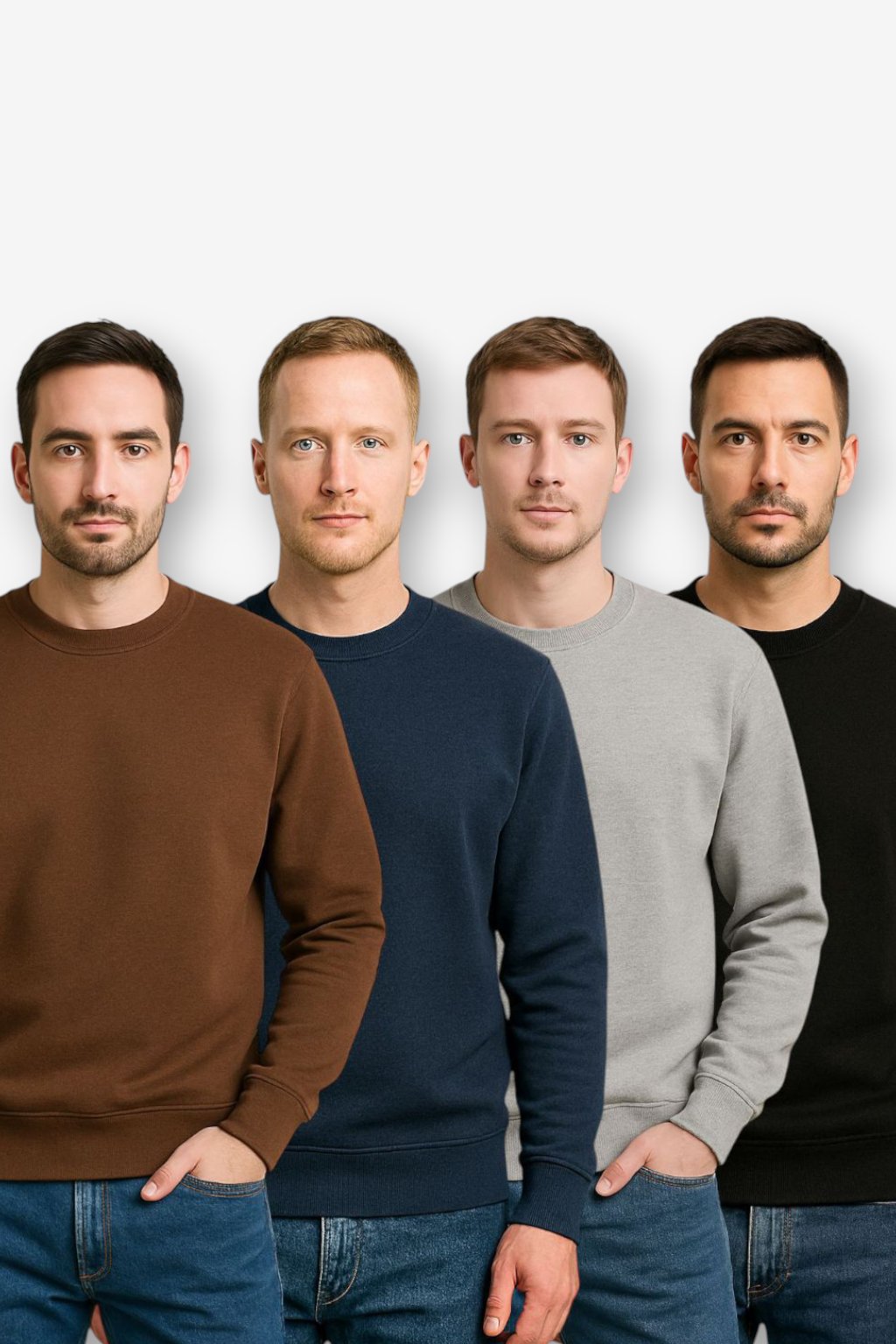 Four men wearing different colored sweatshirts against a plain background