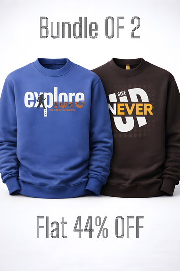 Two sweatshirts, one blue and one brown, with motivational text on a white background.