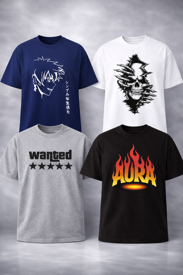 Four t-shirts with different designs on a gray background