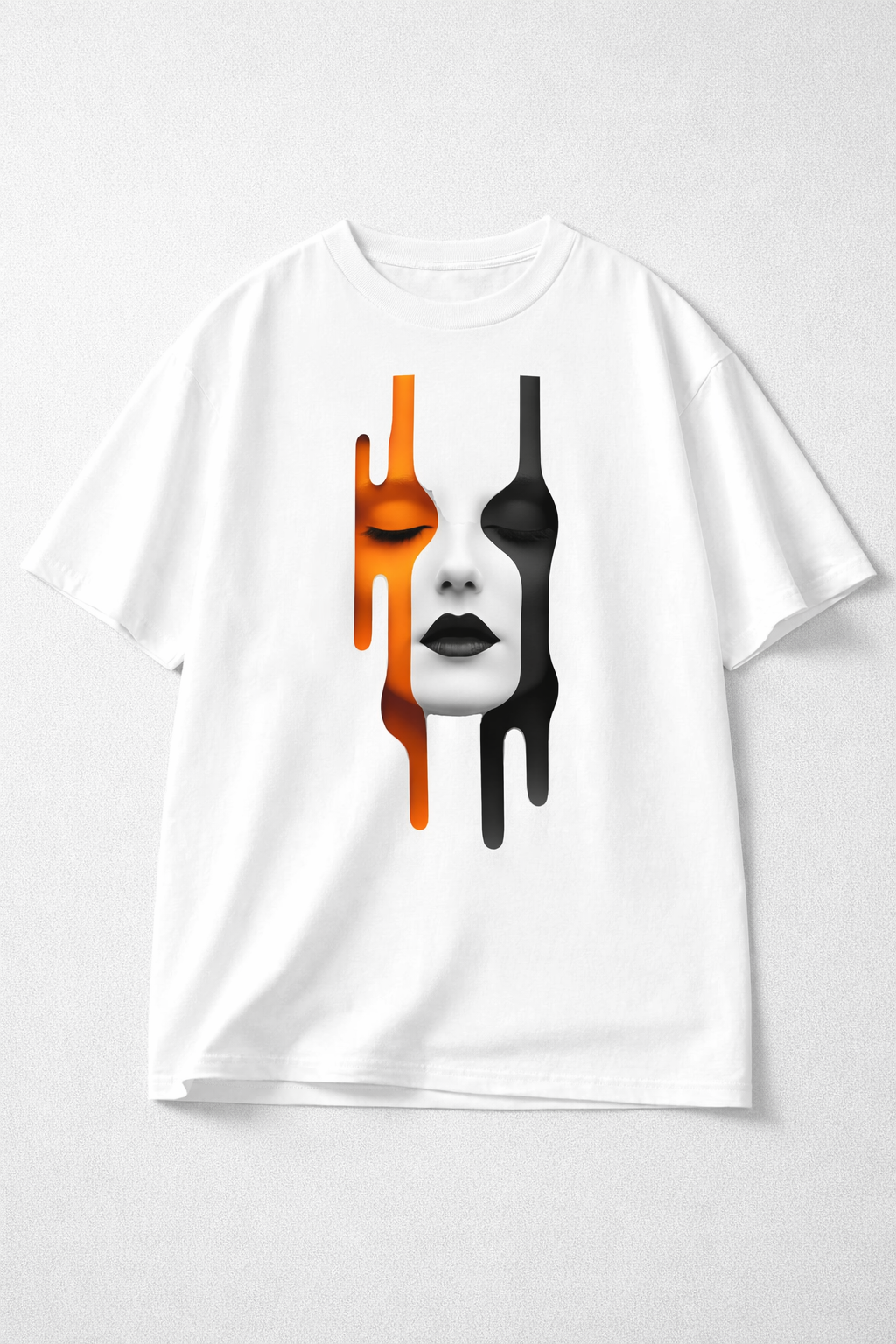White t-shirt with a graphic design of a face on a white background