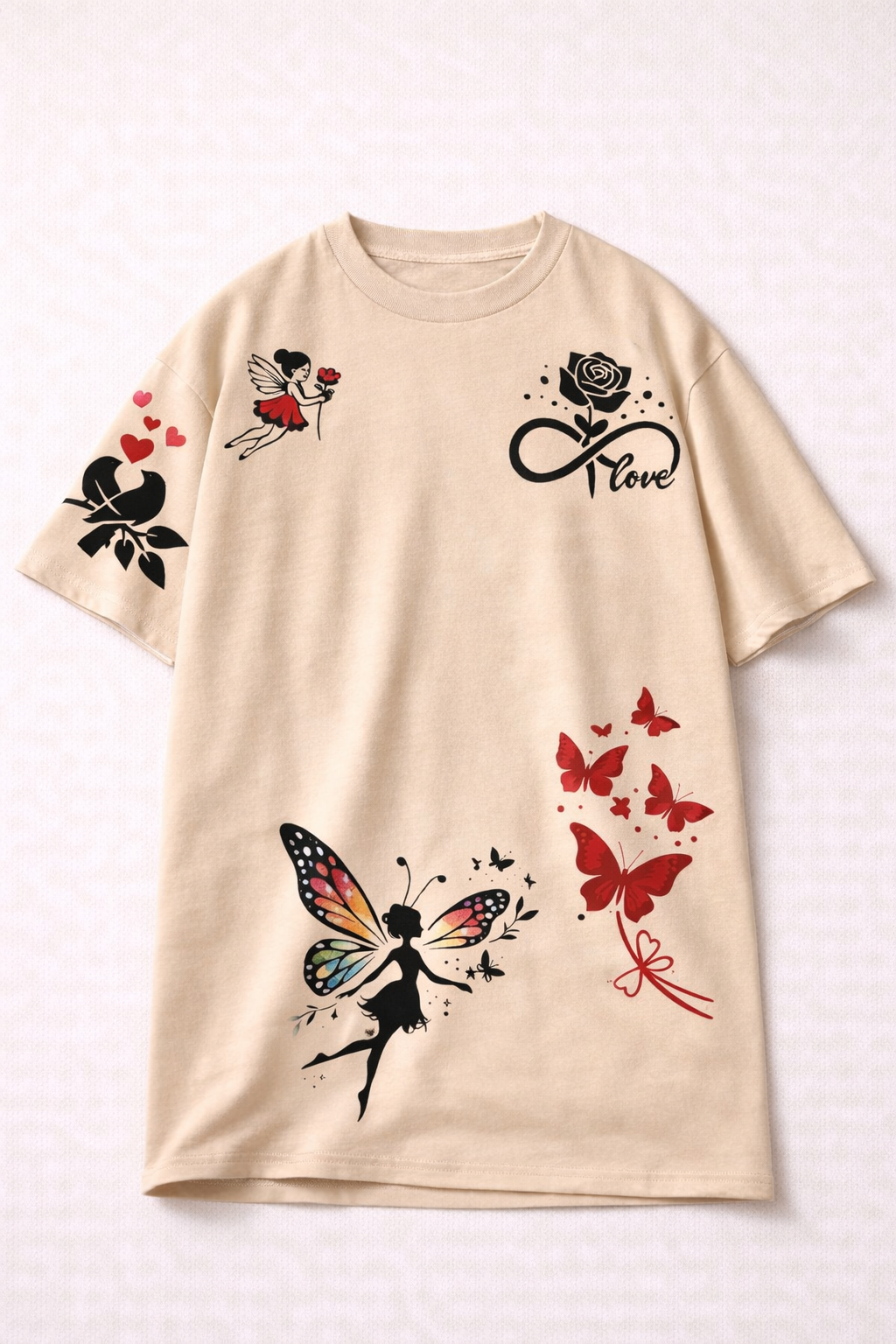 Beige t-shirt with fairy and butterfly designs on a white background