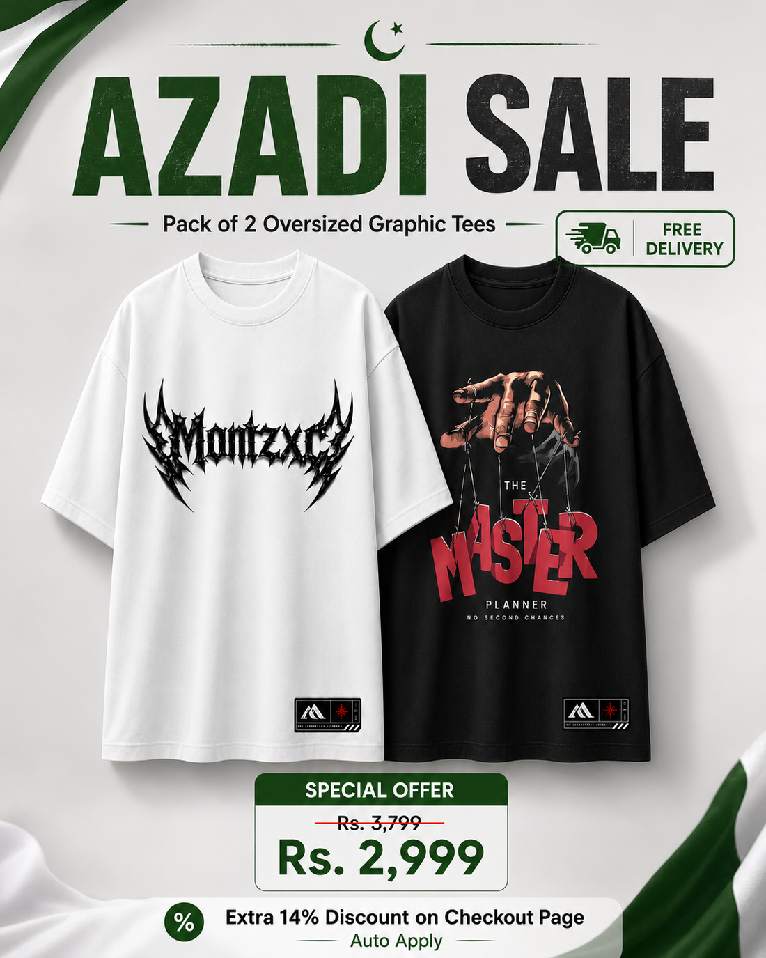 Promotional graphic for a pack of two oversized graphic tees under the heading 'AZADI SALE'. The left tee is white with a black 'Montzxc' graphic, and the right tee is black with a red and black 'THE MASTER PLANNER' graphic.
