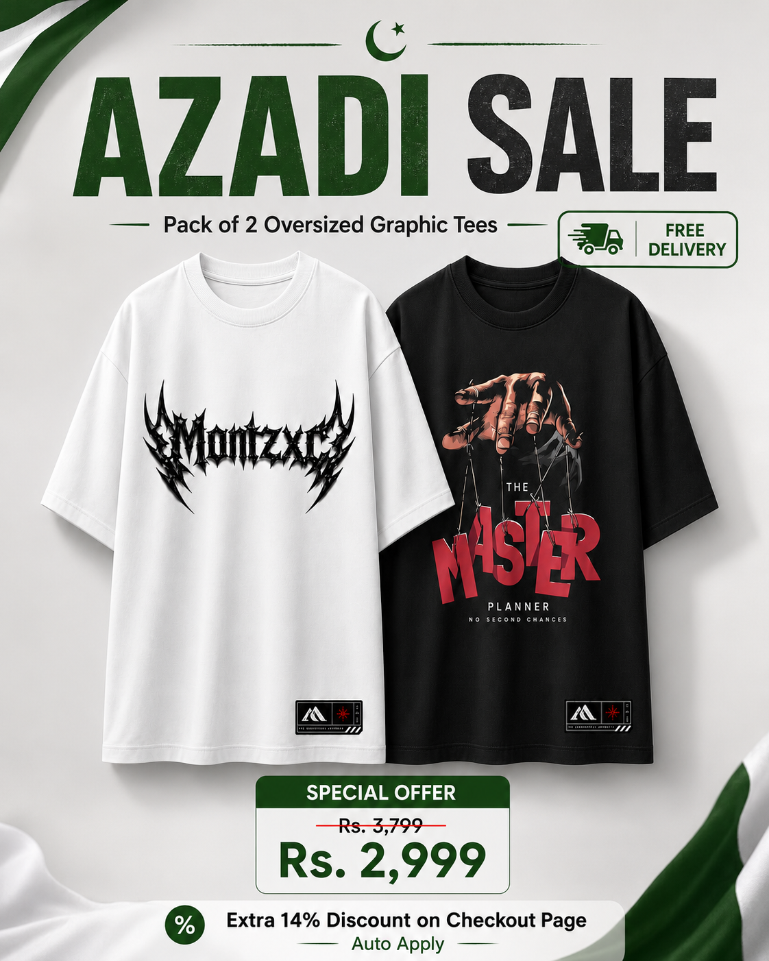 Promotional graphic for a pack of two oversized graphic tees under the heading 'AZADI SALE'. The left tee is white with a black 'Montzxc' graphic, and the right tee is black with a red and black 'THE MASTER PLANNER' graphic.