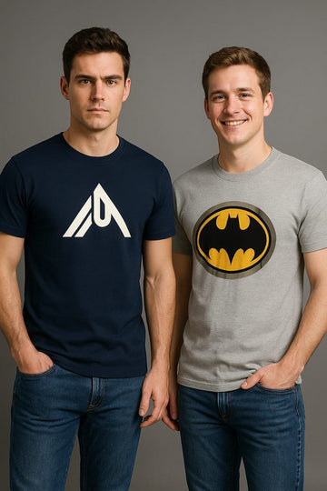 Two men wearing t-shirts with logos, one navy with a white logo and one gray with a yellow and black logo.