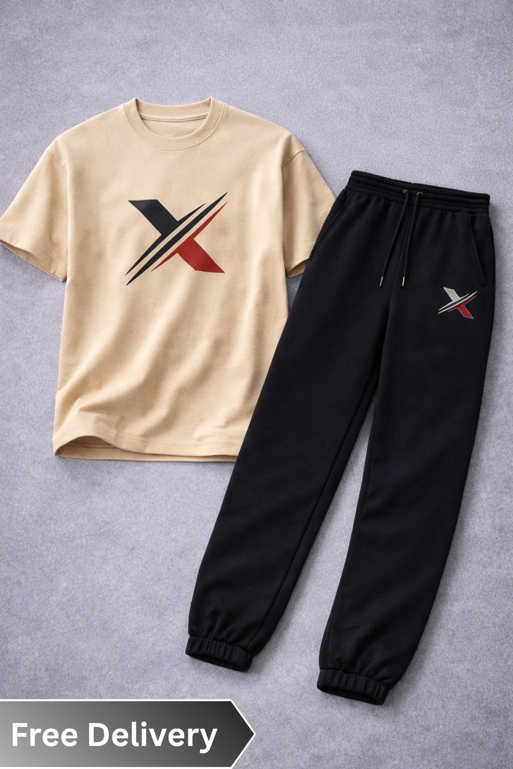 Beige t-shirt with a black and red logo and black pants with a similar logo on a gray background.