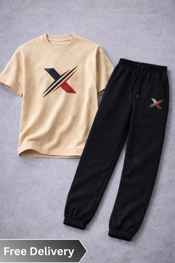 Beige t-shirt with a black and red logo and black pants with a similar logo on a gray background.