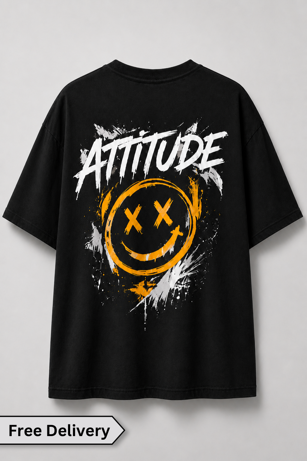 Black t-shirt with 'Attitude' and smiley face design on a gray background