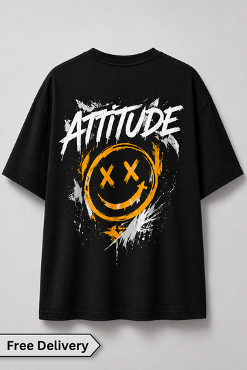 Black t-shirt with 'Attitude' and smiley face design on a gray background