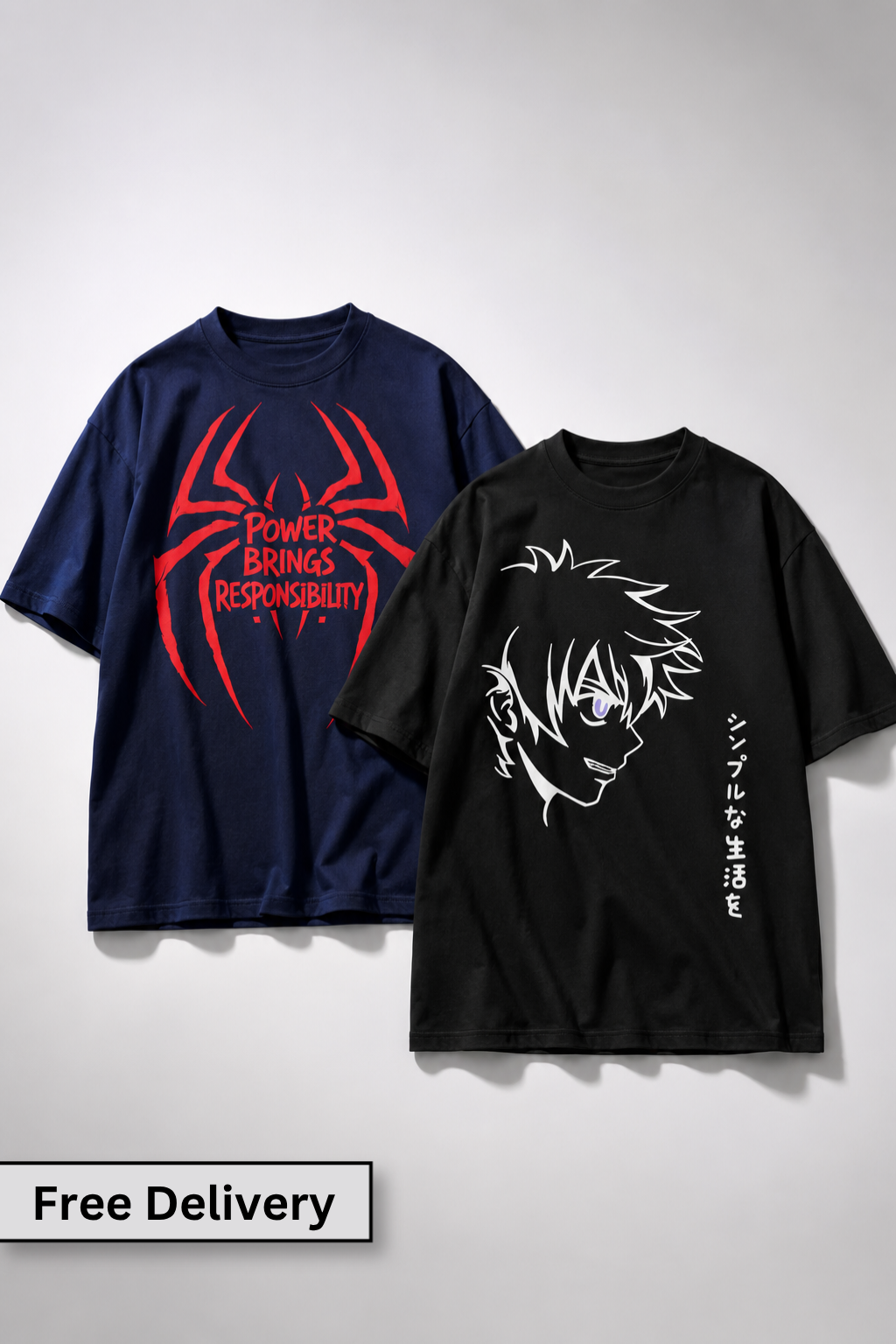 Two t-shirts with graphic designs on a light gray background