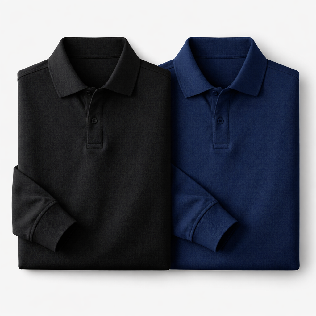 Folded black and blue polo shirts on a white background