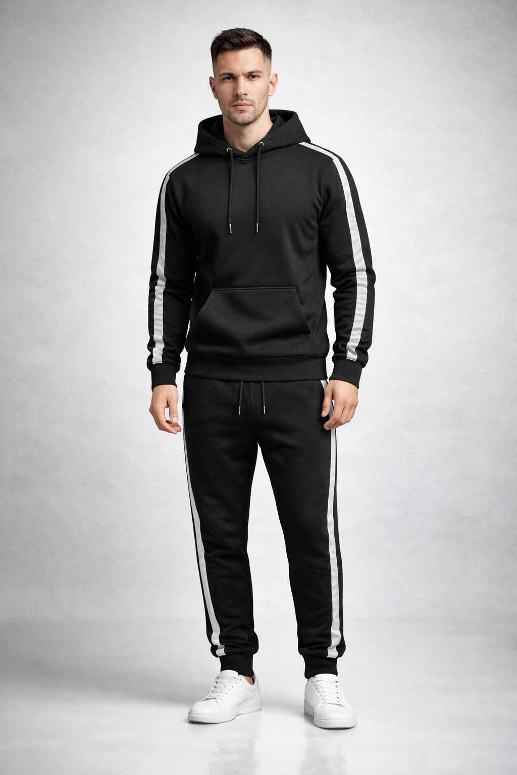 Man wearing a black tracksuit with white stripes on a gray background