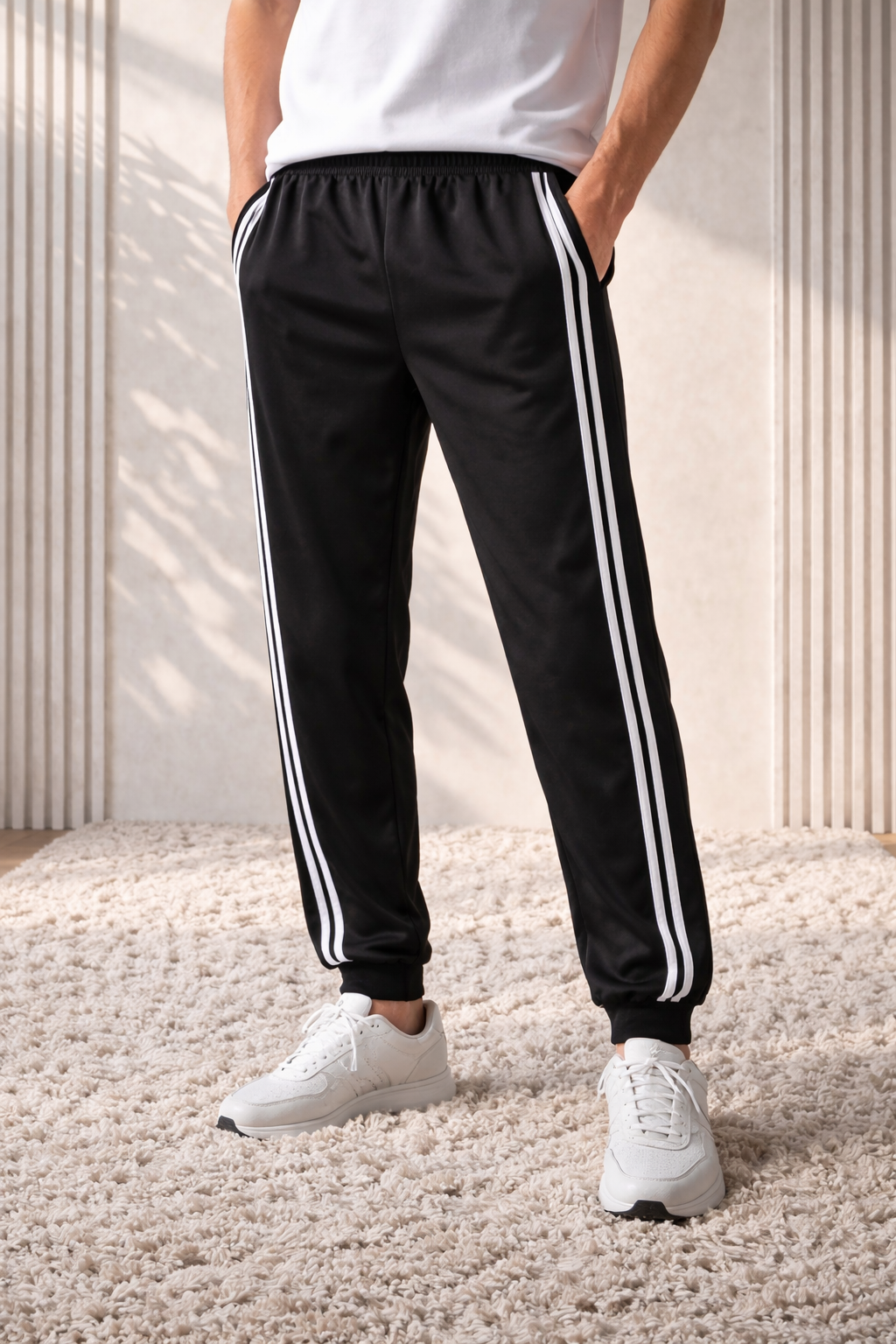 Person wearing black track pants with white stripes and white sneakers on a light background