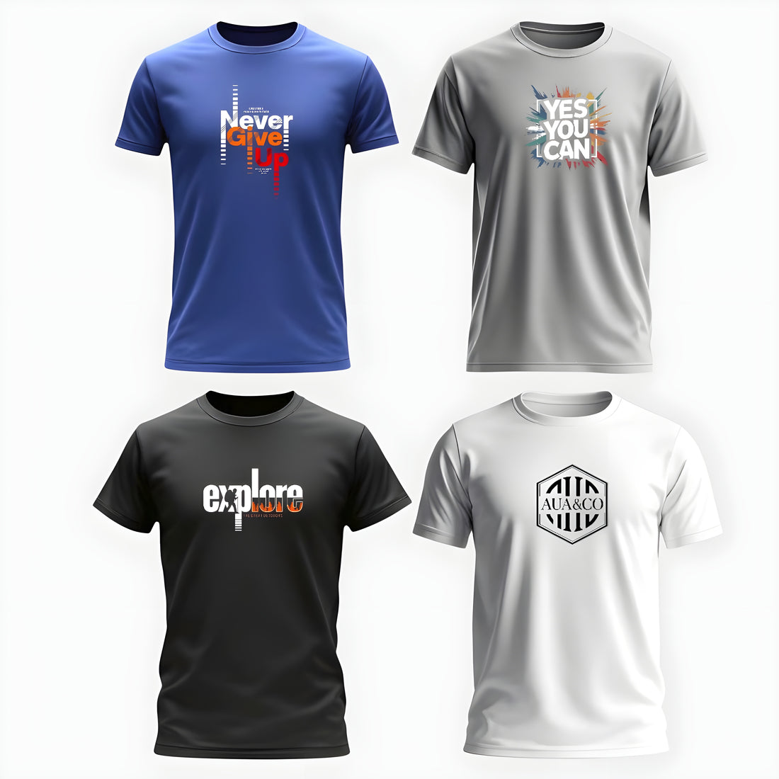 Set of 4 men's summer graphic t-shirts in blue, grey, black, and white with bold printed designs by AUA&CO