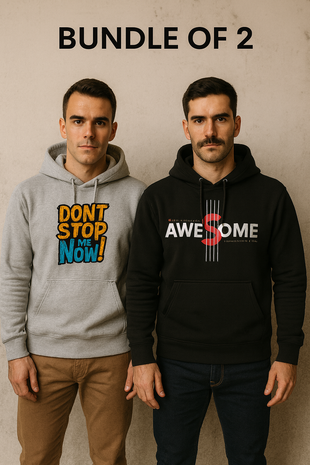 Two men wearing hoodies with text, standing side by side against a plain background.