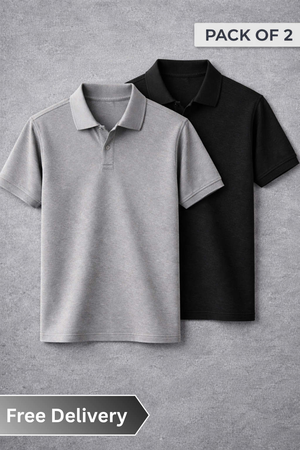 Two polo shirts, one gray and one black, on a gray background with 'Pack of 2' text above.
