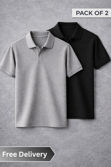 Two polo shirts, one gray and one black, on a gray background with 'Pack of 2' text above.