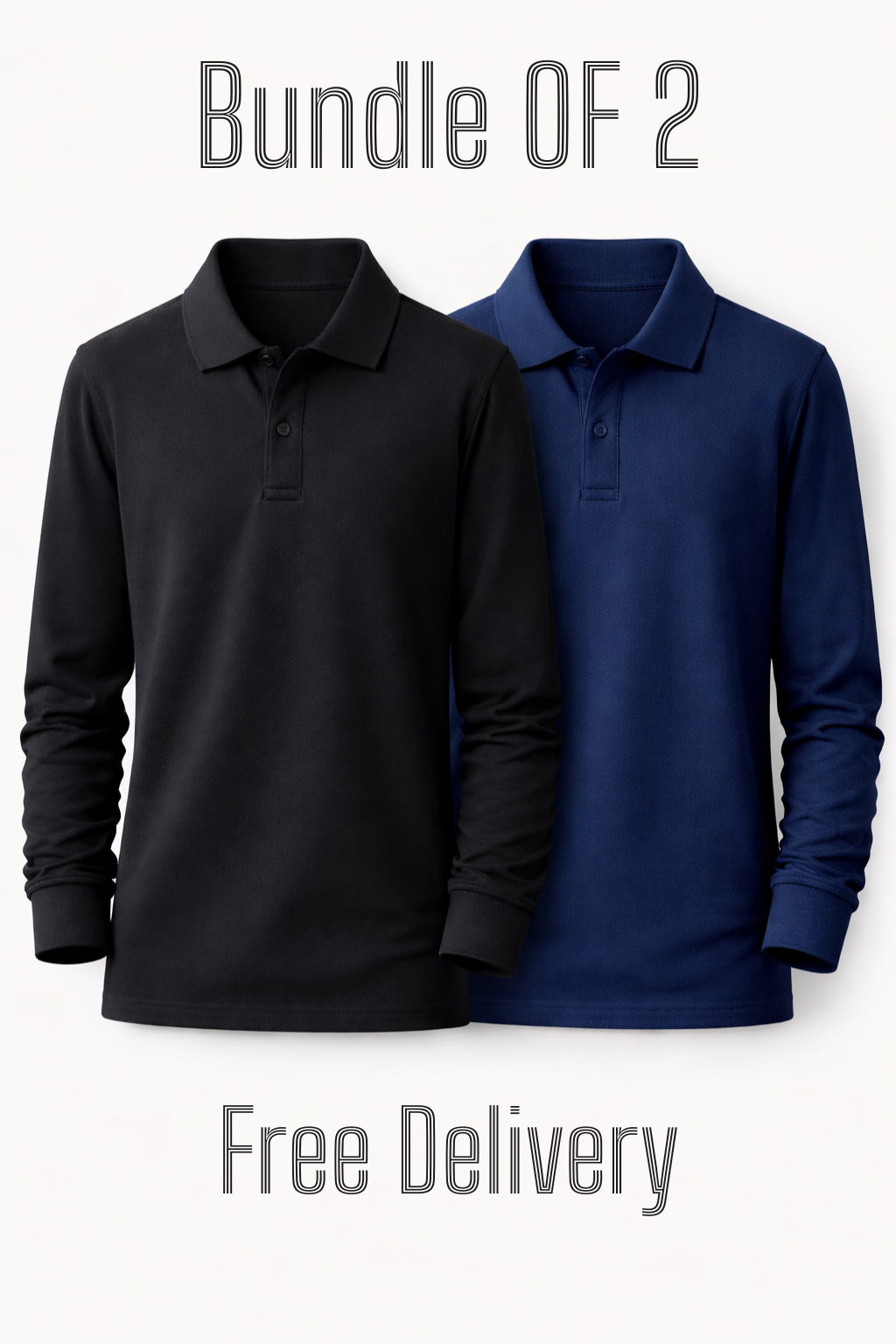 Two long-sleeve polo shirts, one black and one blue, on a white background with text indicating a bundle offer and free delivery.