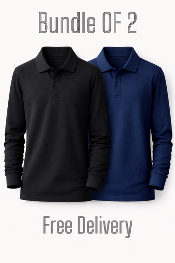 Two long-sleeve polo shirts, one black and one blue, on a white background with text indicating a bundle offer and free delivery.
