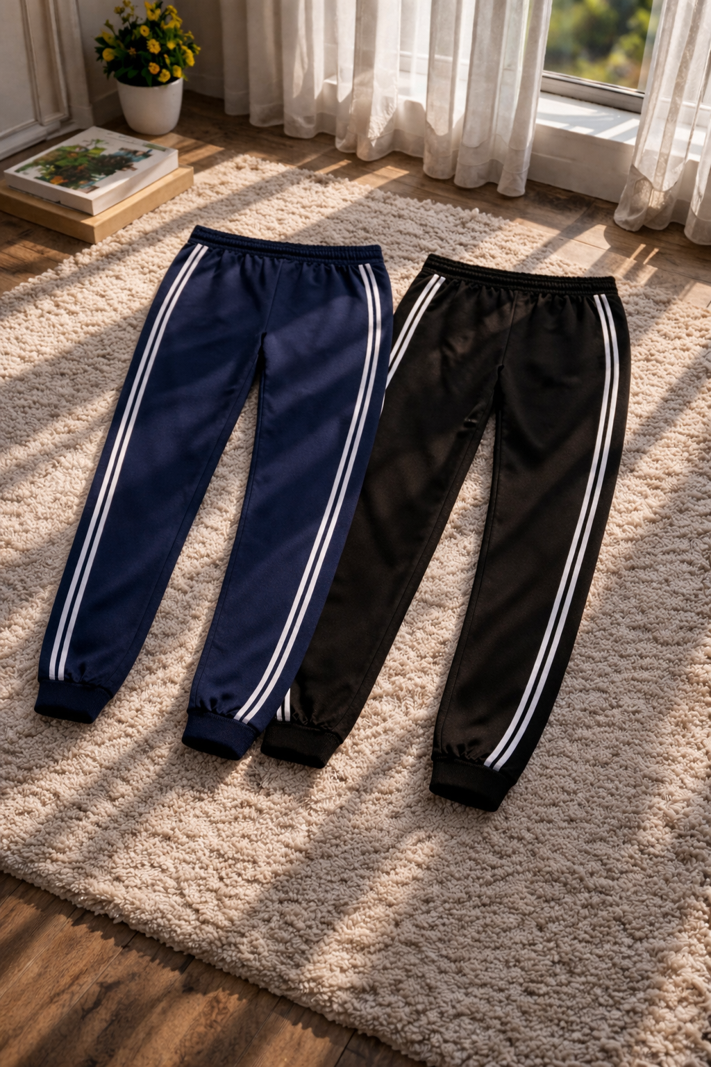 Navy and black track pants with white stripes on a beige rug.