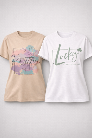 Two t-shirts with motivational phrases on a light gray background