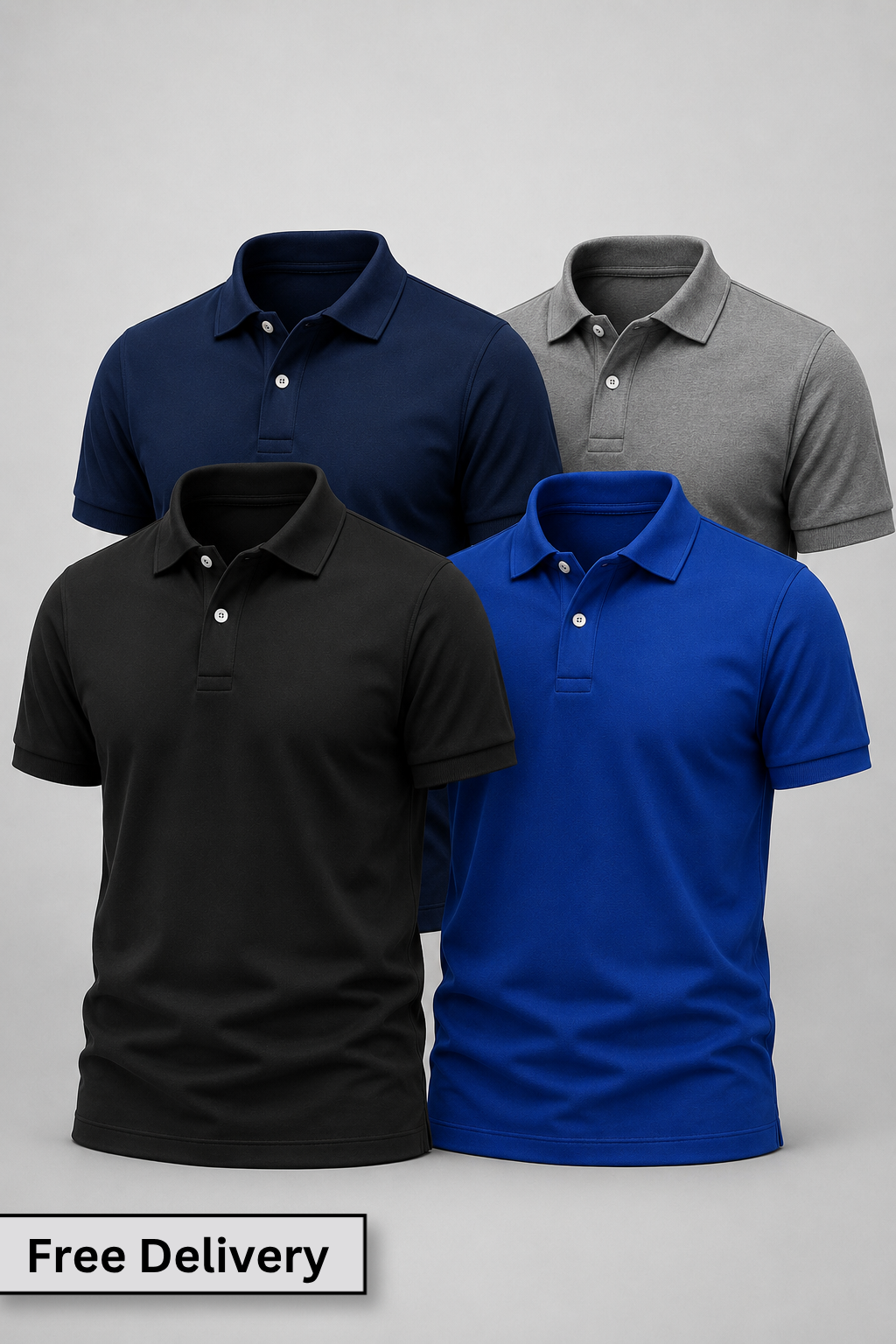 Four polo shirts in navy, gray, black, and blue on a light gray background with 'Free Delivery' text.