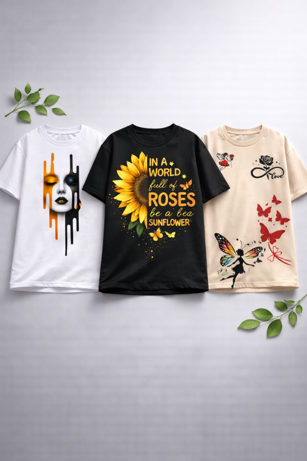Three t-shirts with different designs on a gray background