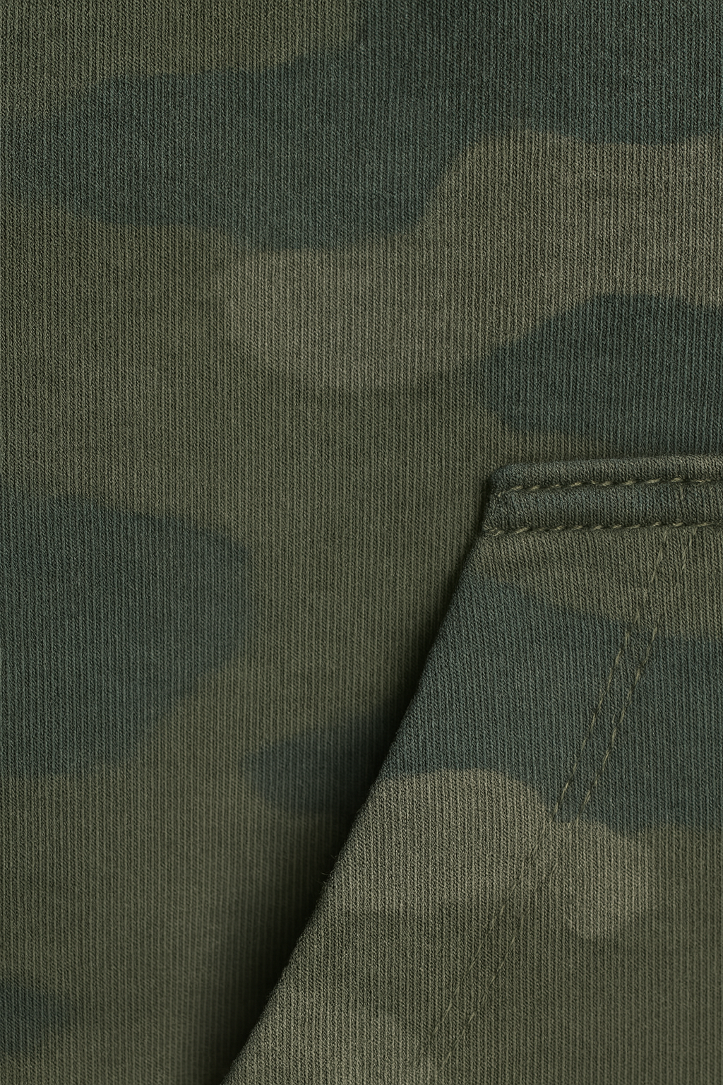 Man wearing a green camouflage hoodie and blue jeans on a light gray background