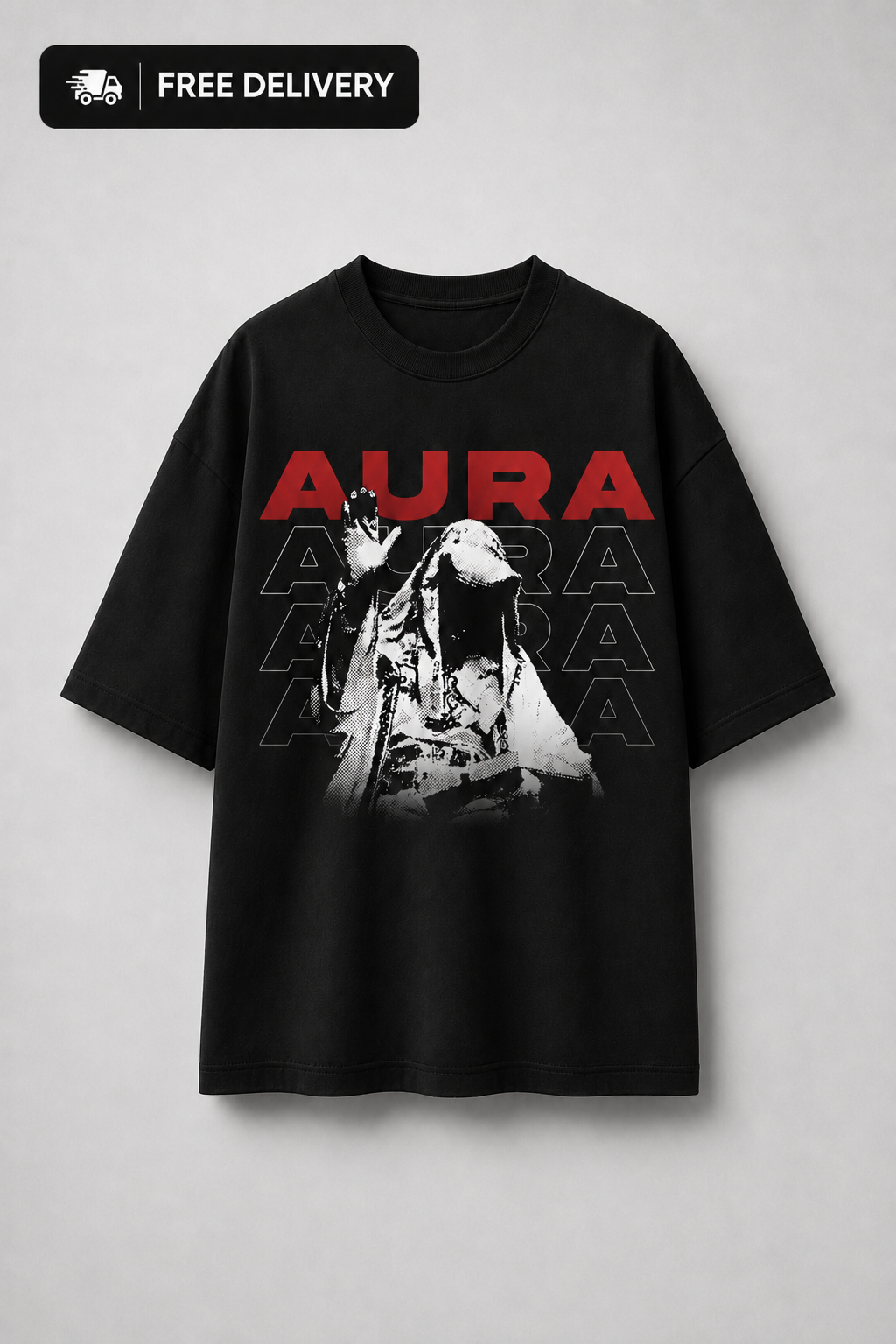 Black t-shirt with 'Aura' graphic design on a gray background
