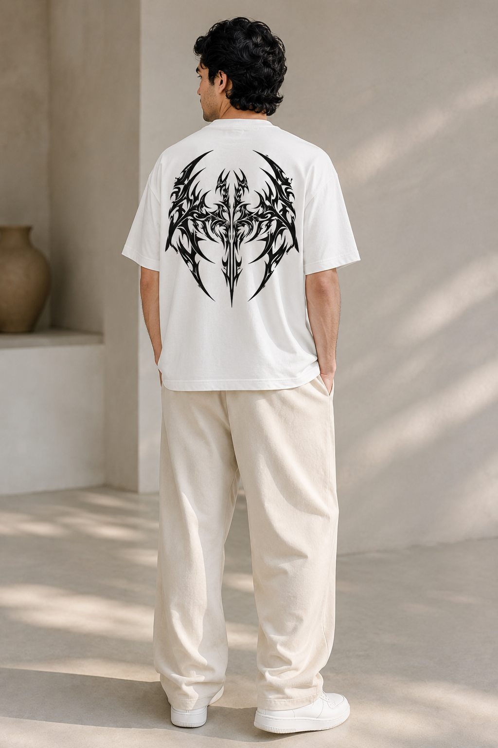 Person wearing a white t-shirt with a black tribal design on the back, standing in a minimalistic room.