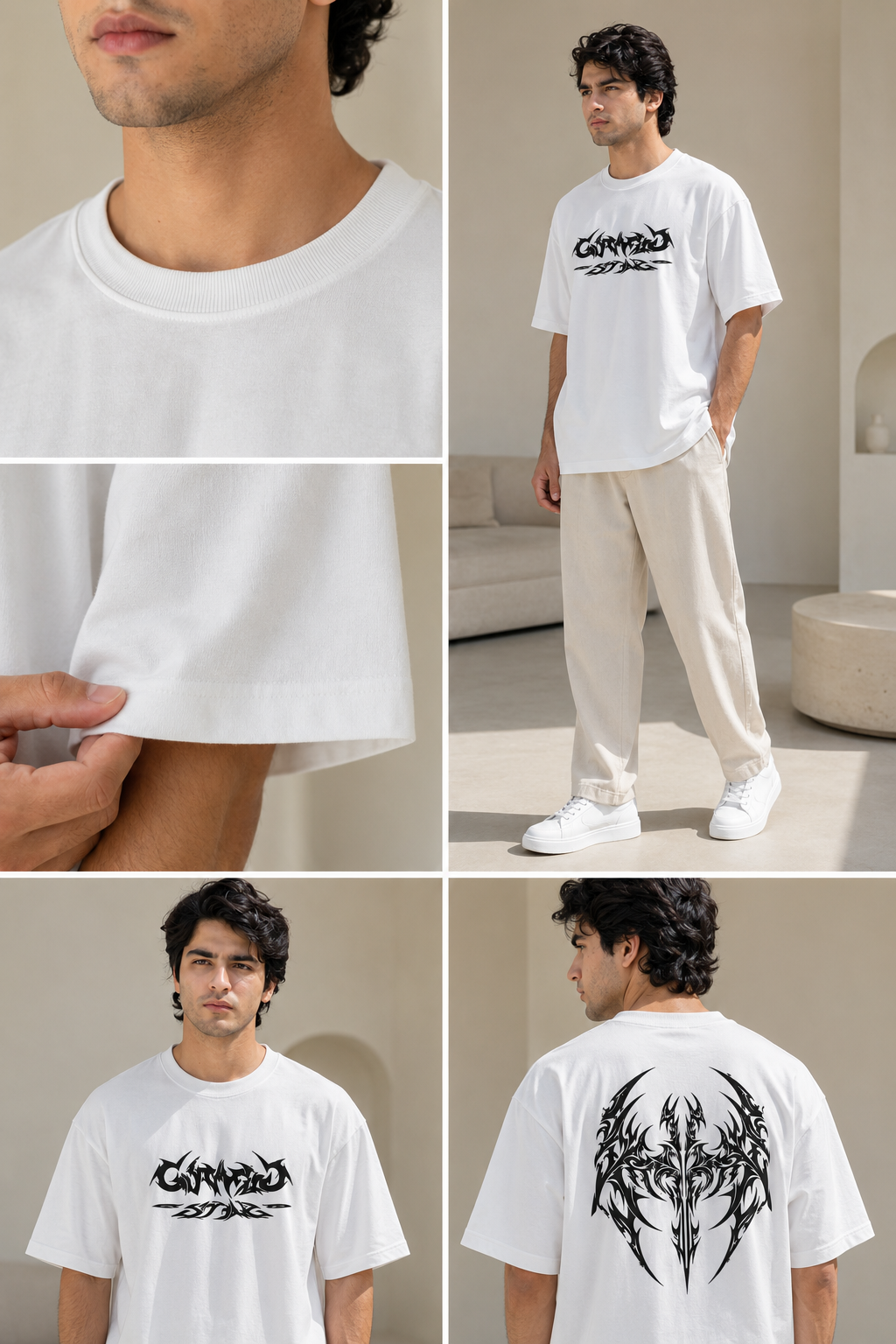 Collage of a man wearing a white t-shirt with black graphics, shown from different angles.