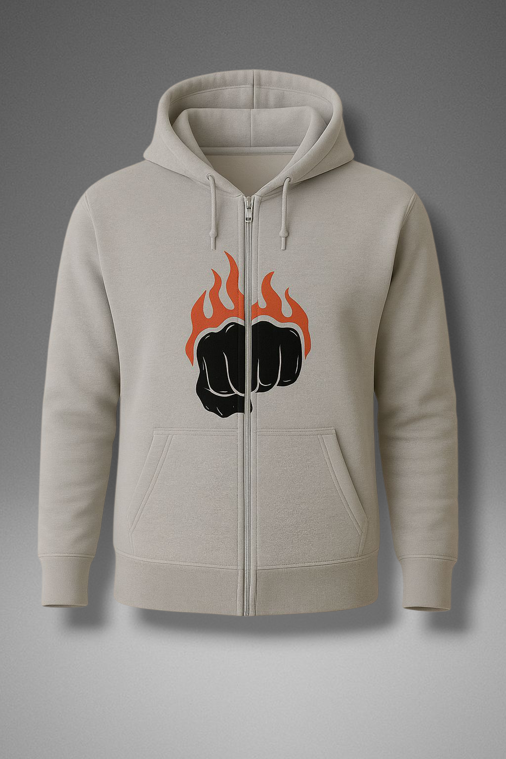 gray hoodie with a black fist and orange flames graphic on a gray background