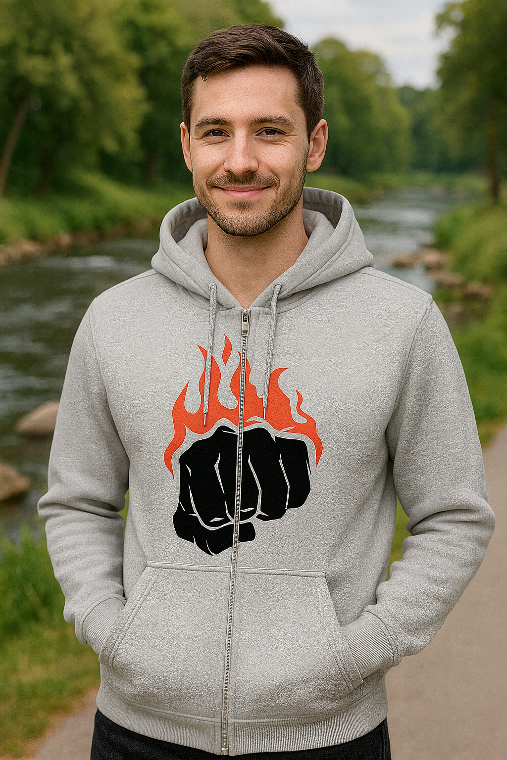 Man wearing a gray hoodie with a fist with flames graphic, standing outdoors by a river.