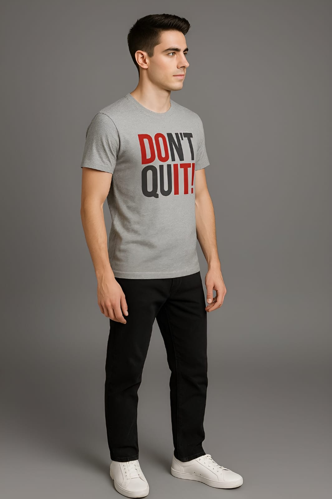 Men's summer t-shirt and trouser suit in grey and black – front view

