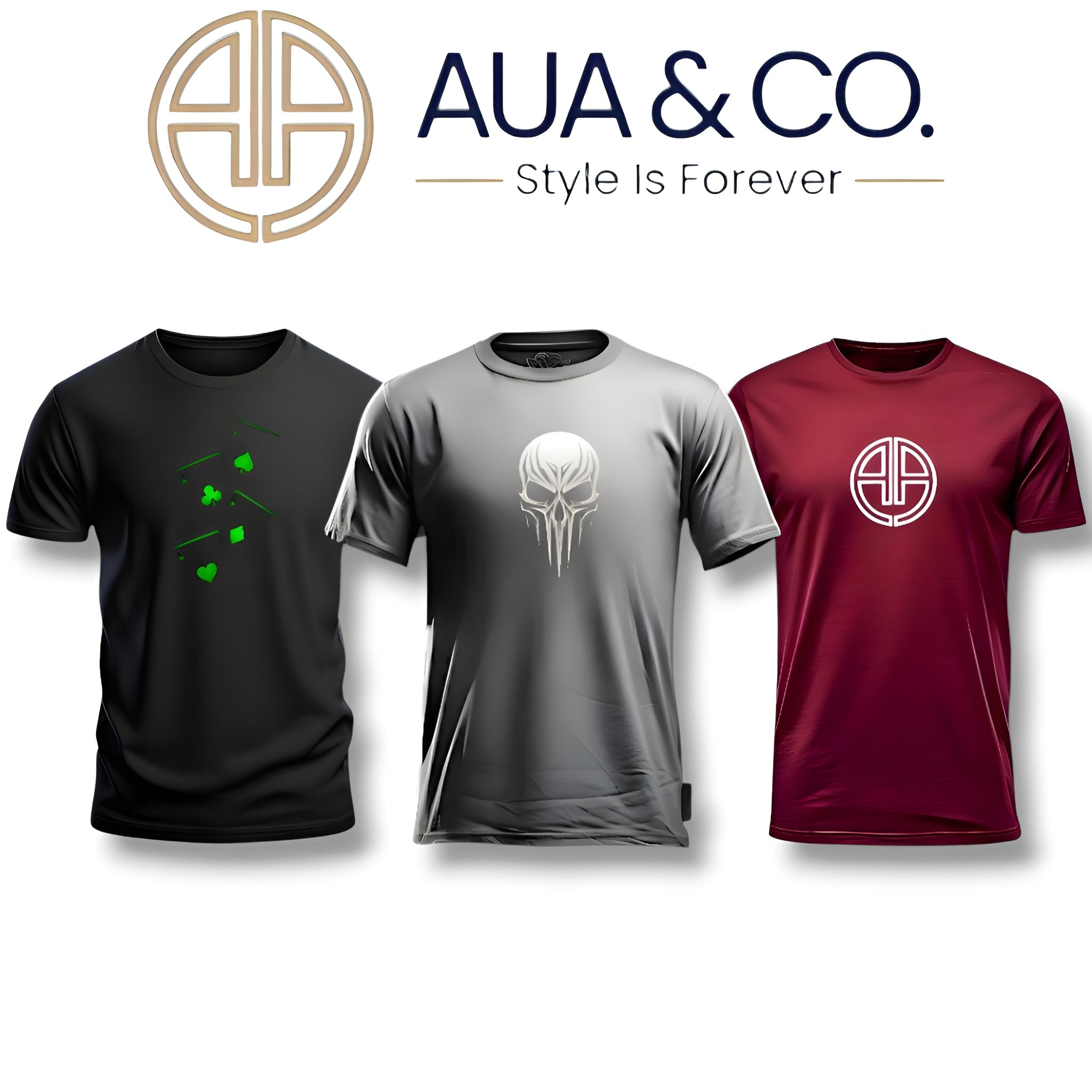 "Bundle of 3 men’s cotton blend t-shirts in black, grey, and maroon colors with stylish DTF prints, casual wear by AUA&CO."