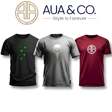 "Bundle of 3 men’s cotton blend t-shirts in black, grey, and maroon colors with stylish DTF prints, casual wear by AUA&CO."