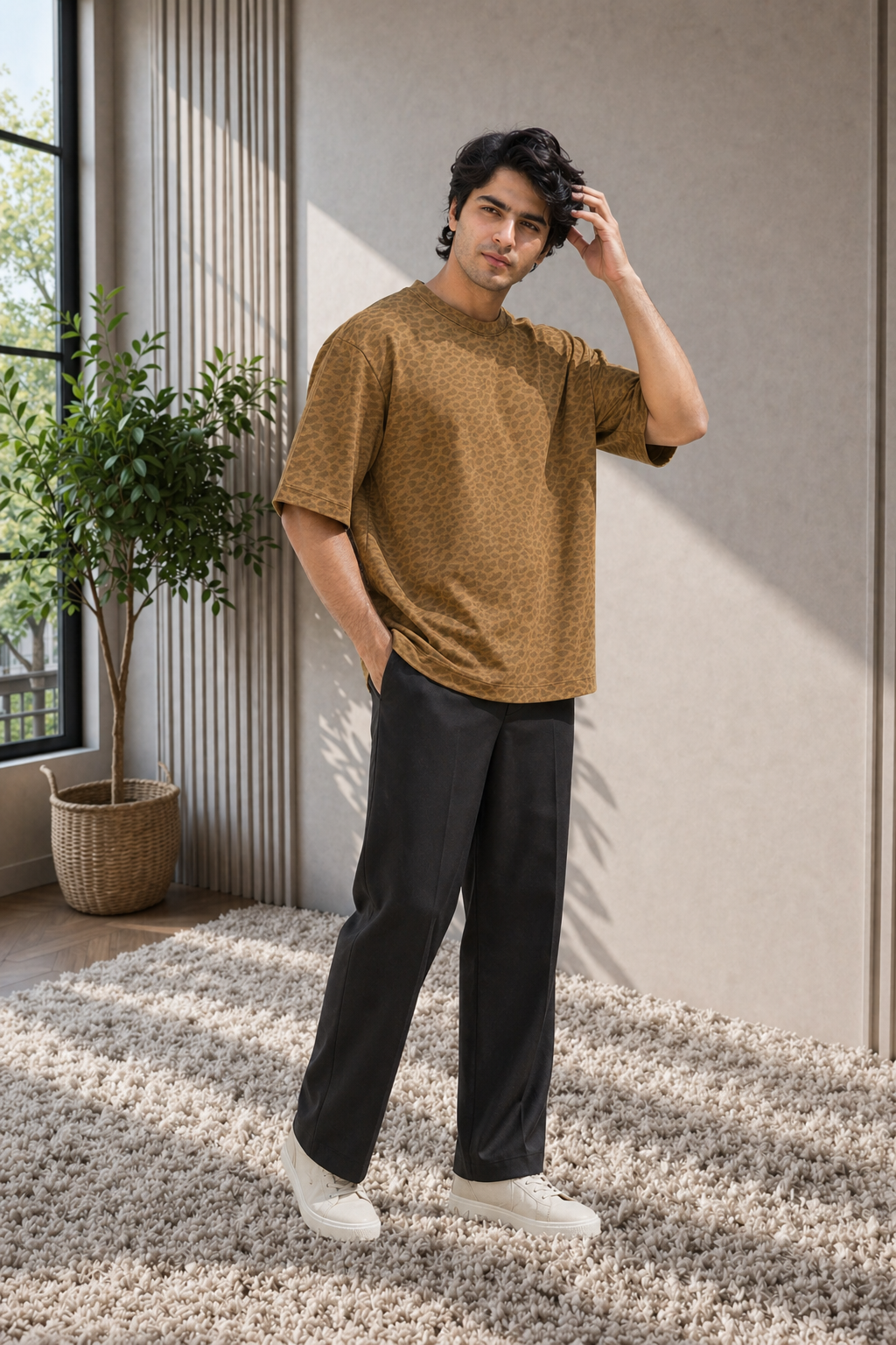 Brown t-shirt on a gray background with text 'Regular Fit' and 'Free Delivery'.