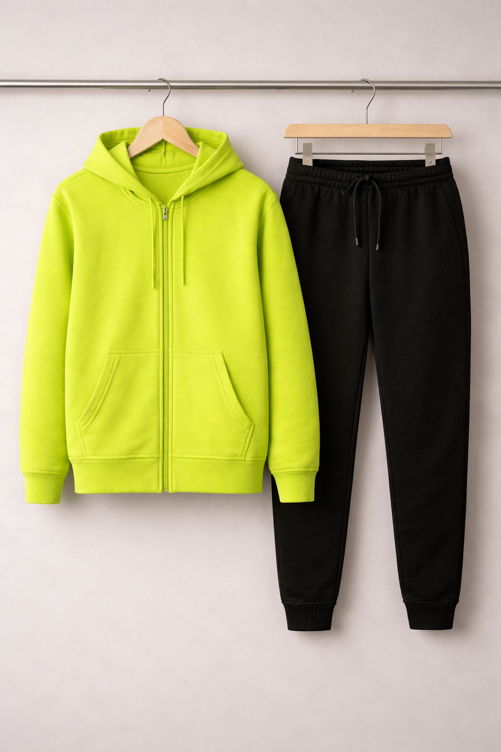 Neon green hoodie and black pants on hangers against a white background