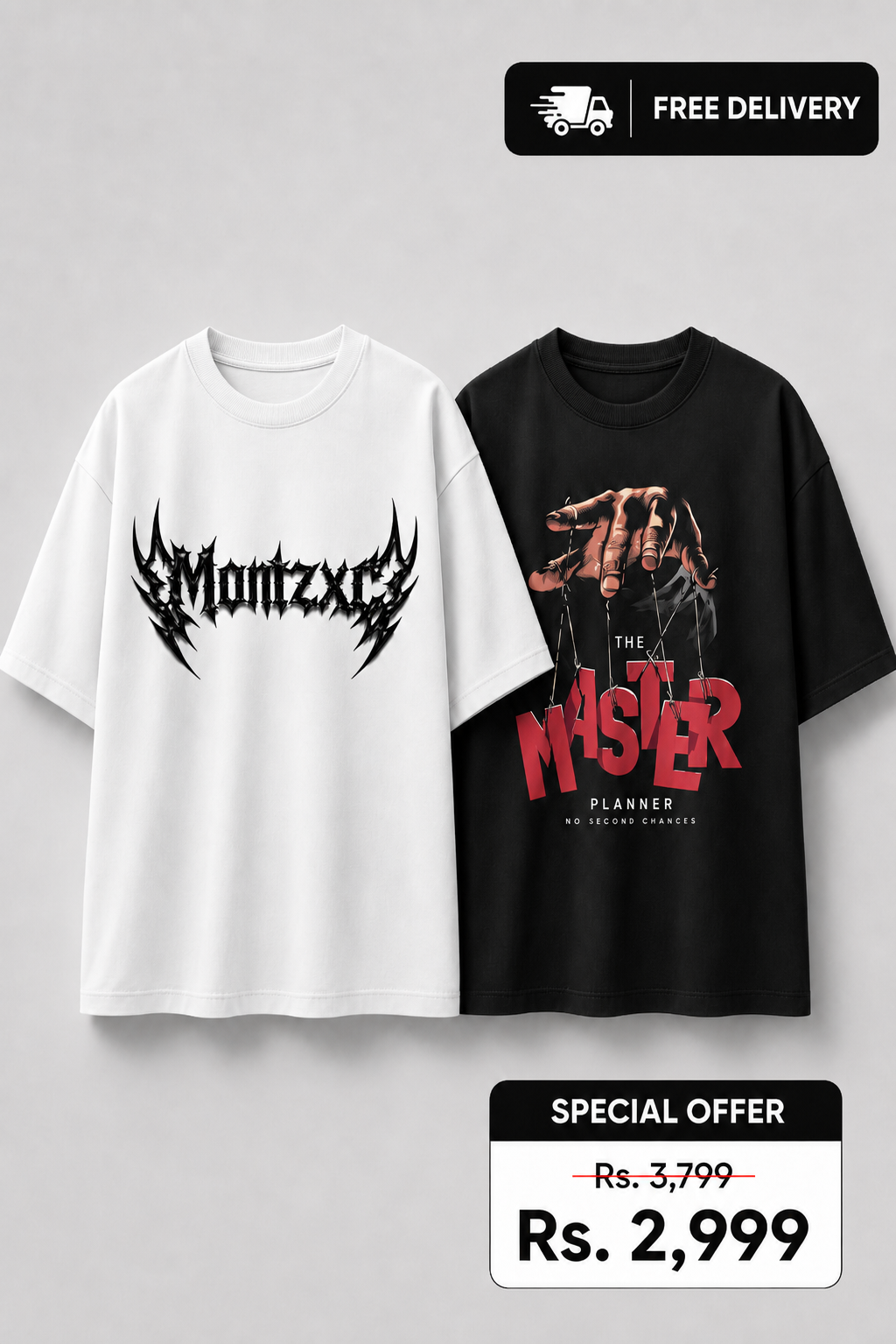 Two t-shirts, one white with black graphic and one black with red graphic, on a gray background with free delivery and special offer text.