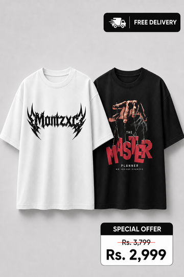 Two t-shirts, one white with black graphic and one black with red graphic, on a gray background with free delivery and special offer text.
