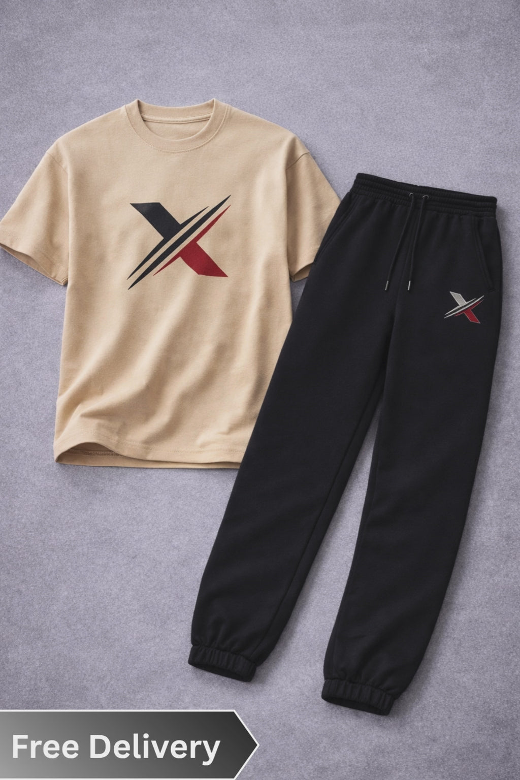 Men’s Beige T-Shirt & Black Trouser Tracksuit Set