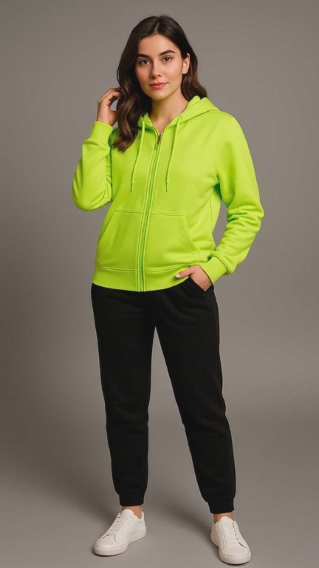 women's neon green zipper hoodie and trouser model video
