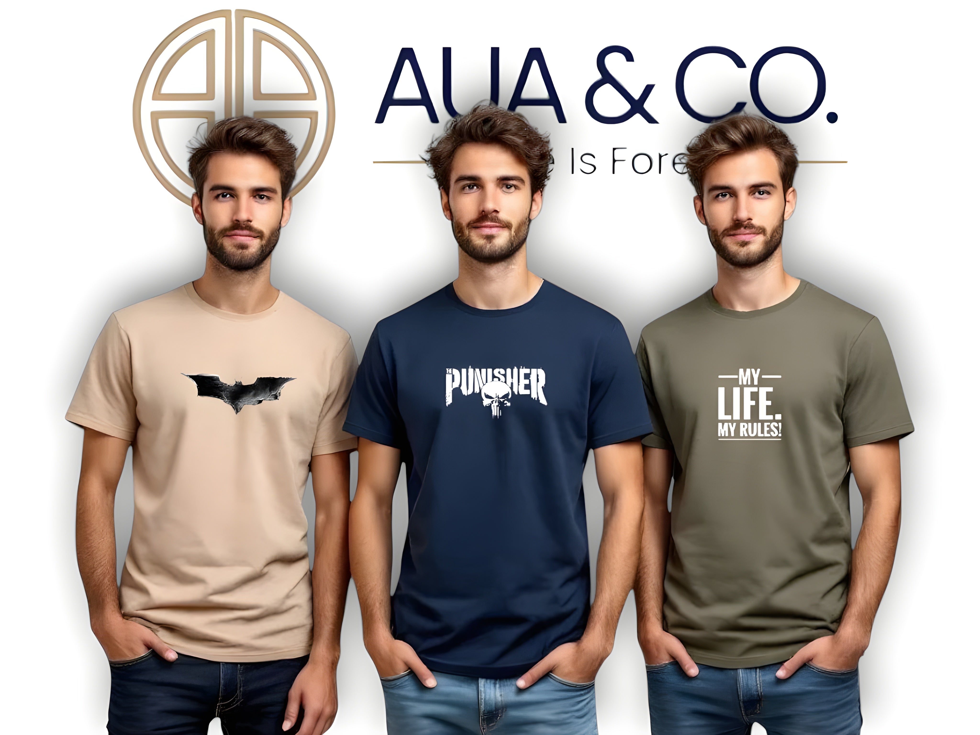 "Bundle of 3 men’s summer t-shirts in navy blue, beige, and charcoal colors, featuring stylish casual streetwear designs made from a premium cotton blend."