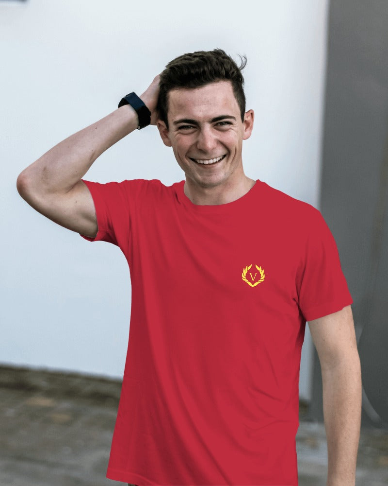 "Pack of 4 Men's Summer Half Sleeve T-shirts by AUA&CO, featuring red, navy blue, brown, and white casual wear with unique logos."