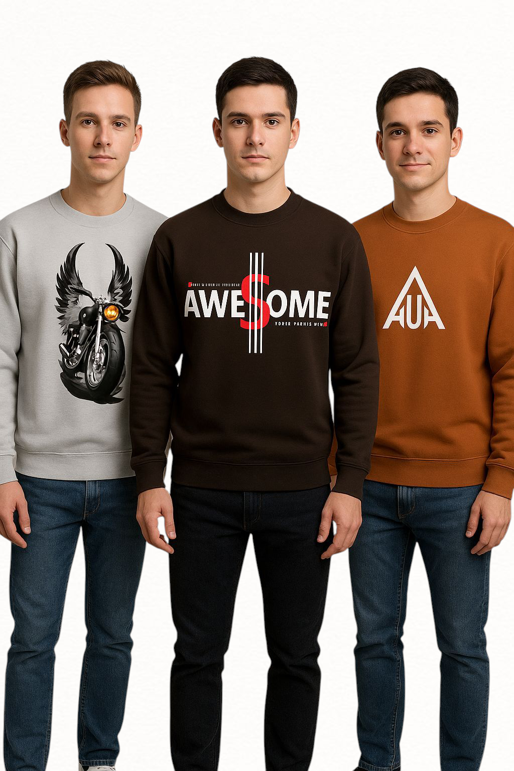 "AUA&CO 3-Pack Winter Men's Sweatshirts - Gray, Brown, Orange"