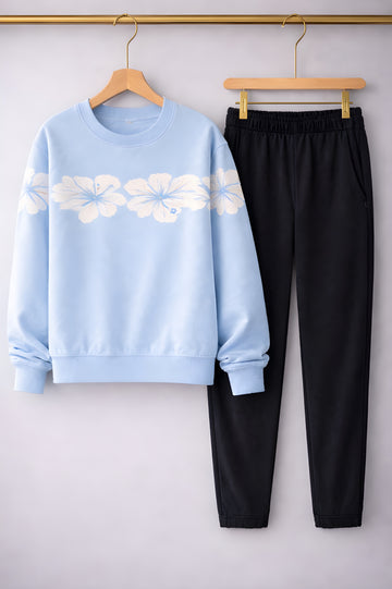 AUA&CO Women’s Sky Blue Floral Sweatshirt + Black Jogger Set (2-Piece) 🌸