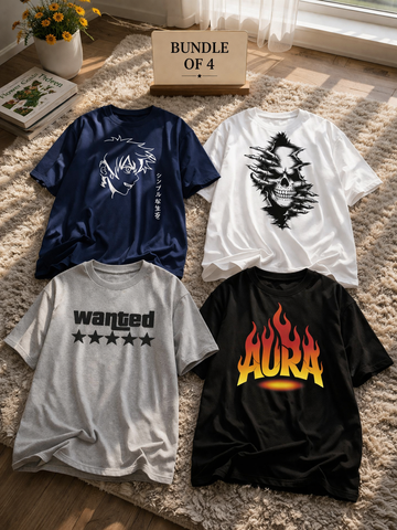 Premium Cotton Graphic T-Shirts – Bundle of 4 (Baggy Fit) 👕