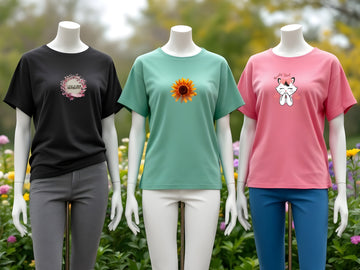 Set of 3 women's graphic t-shirts in black, mint, and pink with stylish prints, perfect for casual wear.